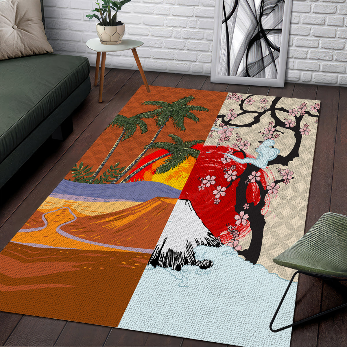 Japanese Culture Hawaii Style Area Rug Mauna Kea and Fuji Mountains LT03 Brown - Polynesian Pride