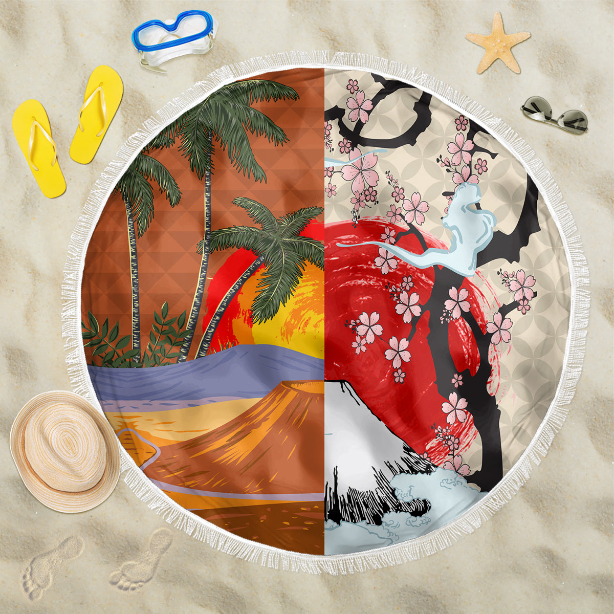 Japanese Culture Hawaii Style Beach Blanket Mauna Kea and Fuji Mountains LT03 One Size 150cm Brown - Polynesian Pride