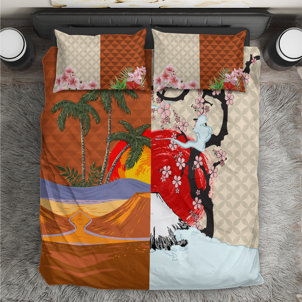 Japanese Culture Hawaii Style Bedding Set Mauna Kea and Fuji Mountains LT03 Brown - Polynesian Pride