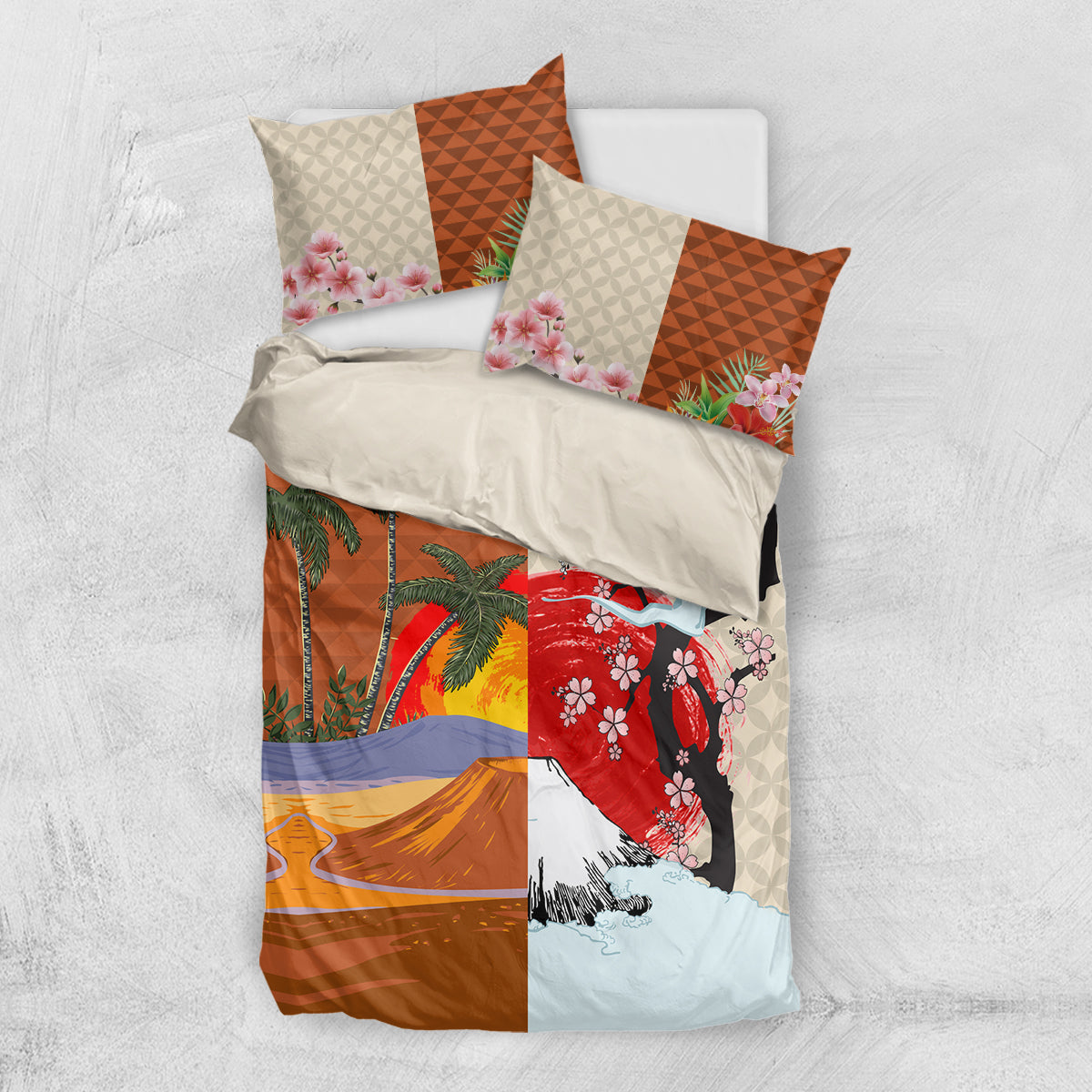 Japanese Culture Hawaii Style Bedding Set Mauna Kea and Fuji Mountains LT03 US Twin 172cm x 218cm Brown - Polynesian Pride