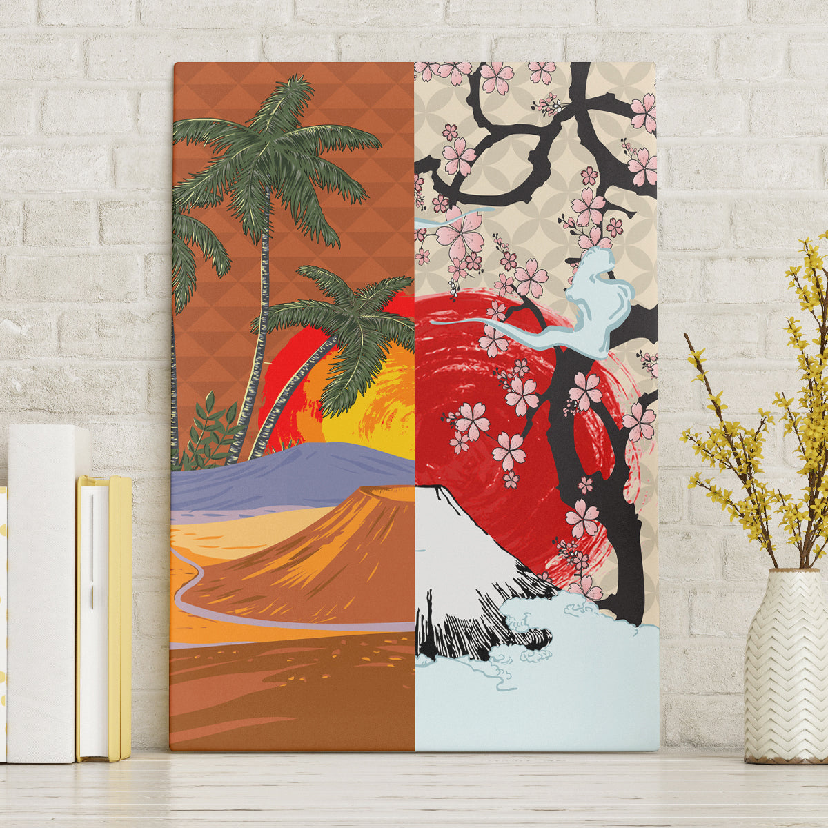 Japanese Culture Hawaii Style Canvas Wall Art Mauna Kea and Fuji Mountains LT03 Without Frame Brown - Polynesian Pride