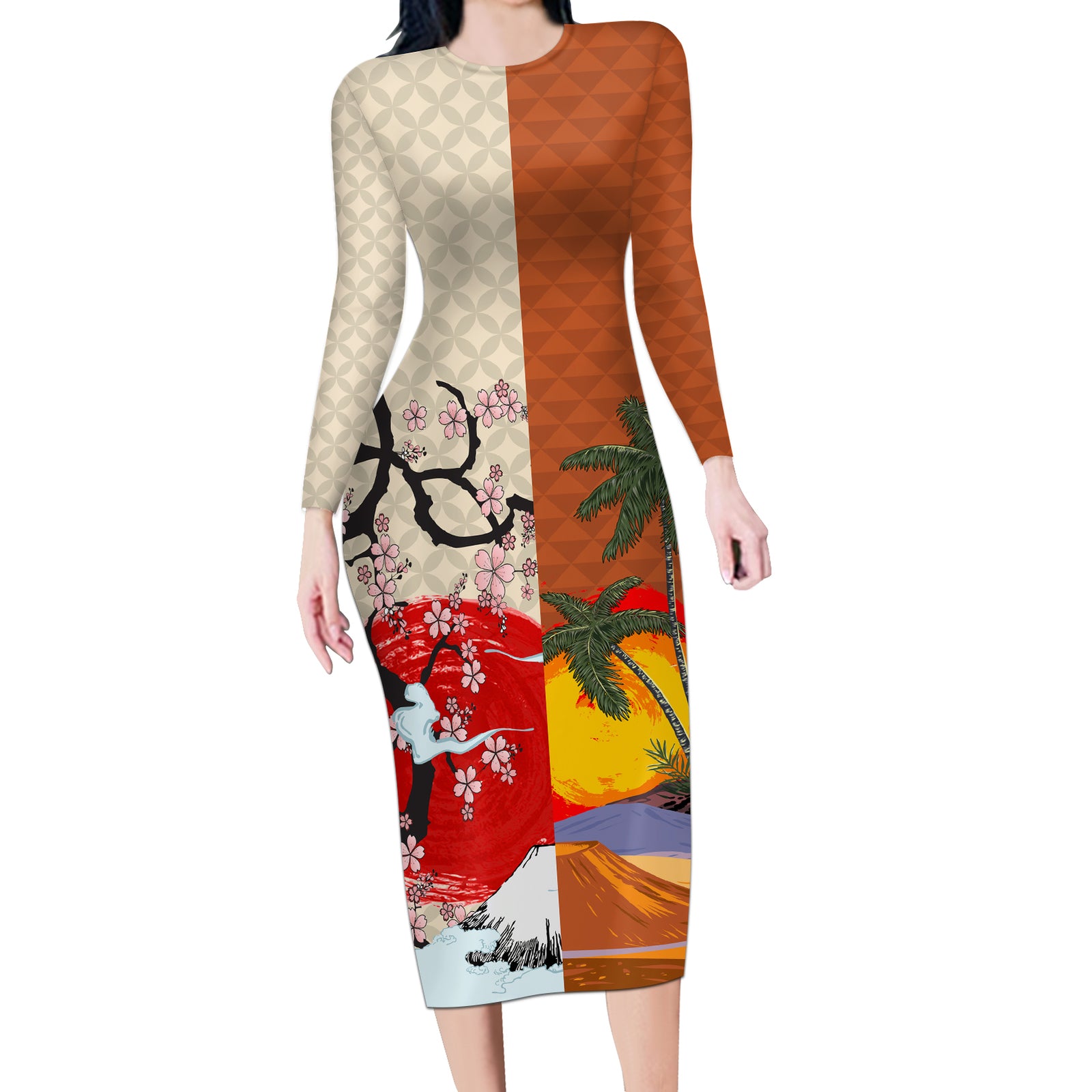 Japanese Culture Hawaii Style Long Sleeve Bodycon Dress Mauna Kea and Fuji Mountains LT03 Long Dress Brown - Polynesian Pride