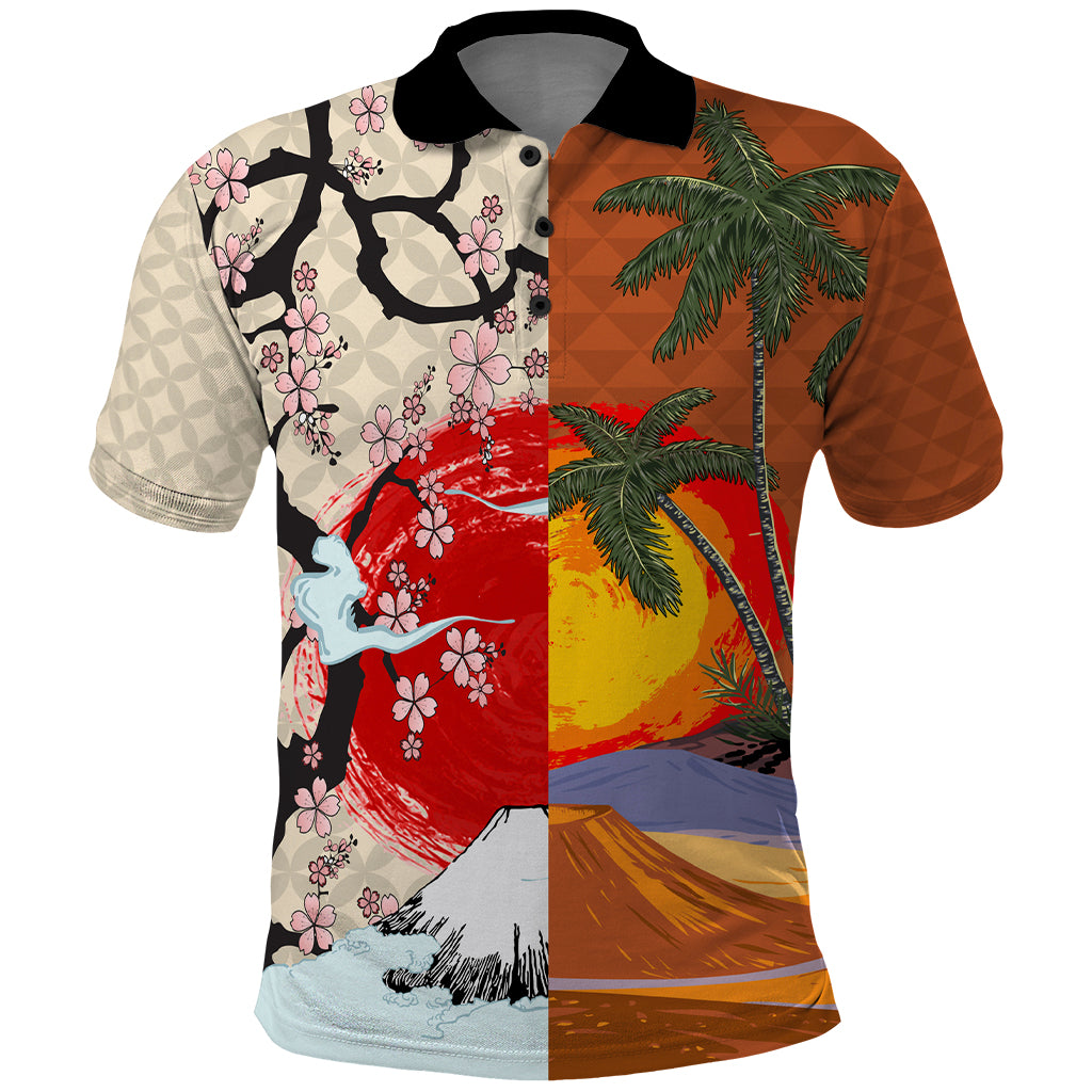 Japanese Culture Hawaii Style Polo Shirt Mauna Kea and Fuji Mountains LT03 Brown - Polynesian Pride