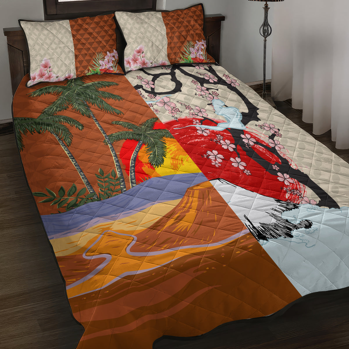 Japanese Culture Hawaii Style Quilt Bed Set Mauna Kea and Fuji Mountains LT03 Brown - Polynesian Pride