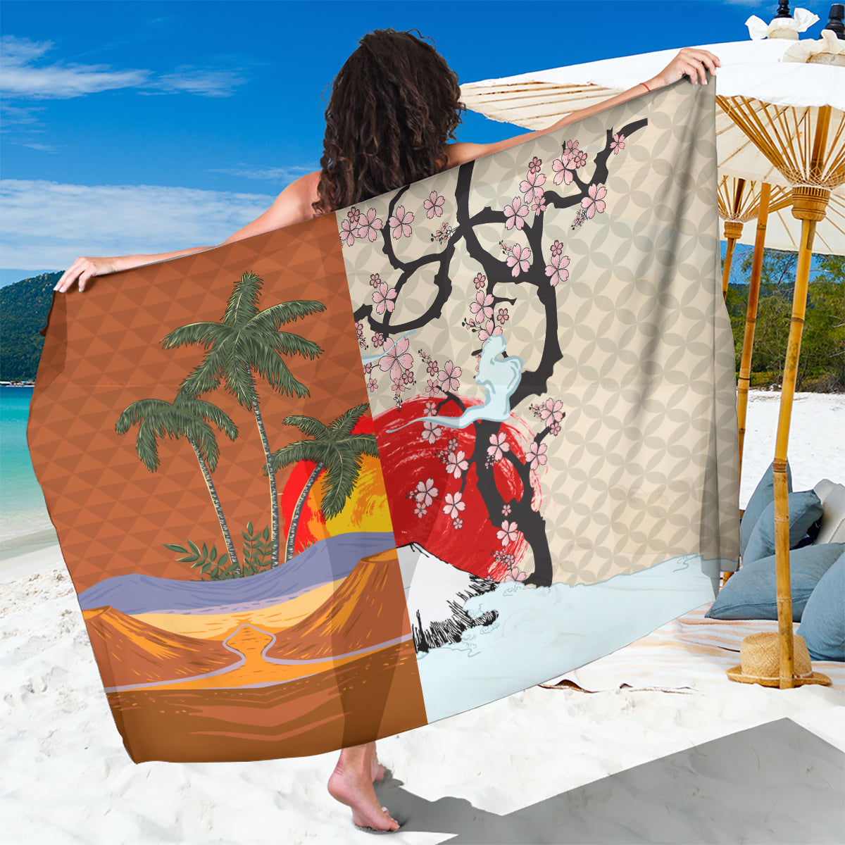Japanese Culture Hawaii Style Sarong Mauna Kea and Fuji Mountains LT03 One Size 44 x 66 inches Brown - Polynesian Pride