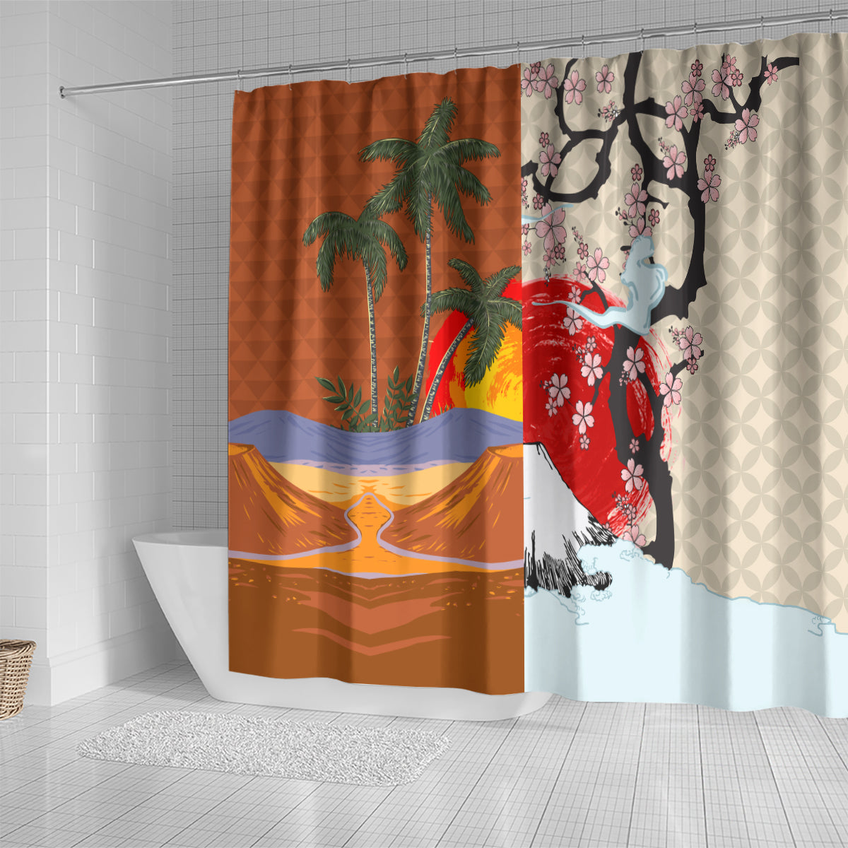Japanese Culture Hawaii Style Shower Curtain Mauna Kea and Fuji Mountains LT03 - Polynesian Pride