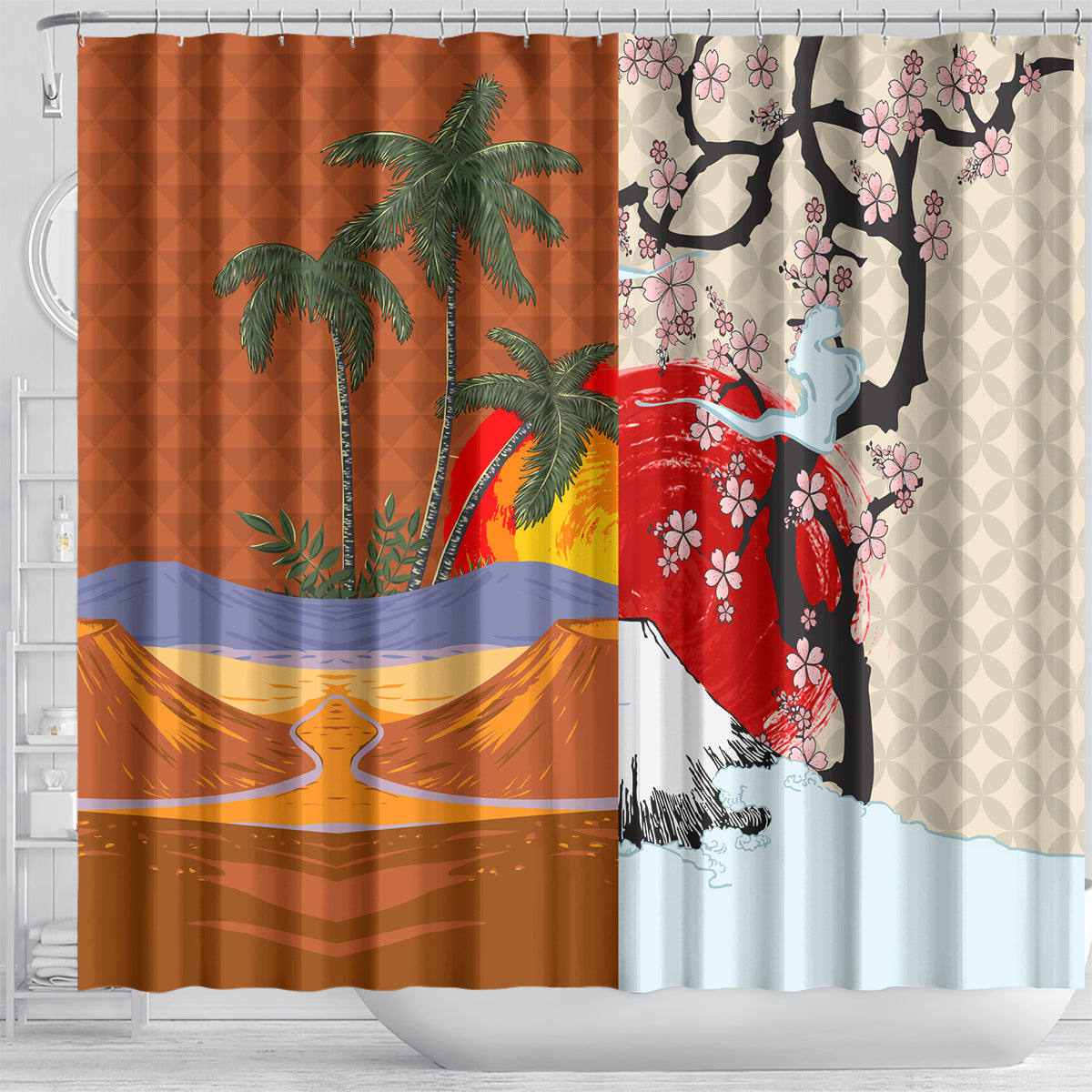 Japanese Culture Hawaii Style Shower Curtain Mauna Kea and Fuji Mountains LT03 - Polynesian Pride