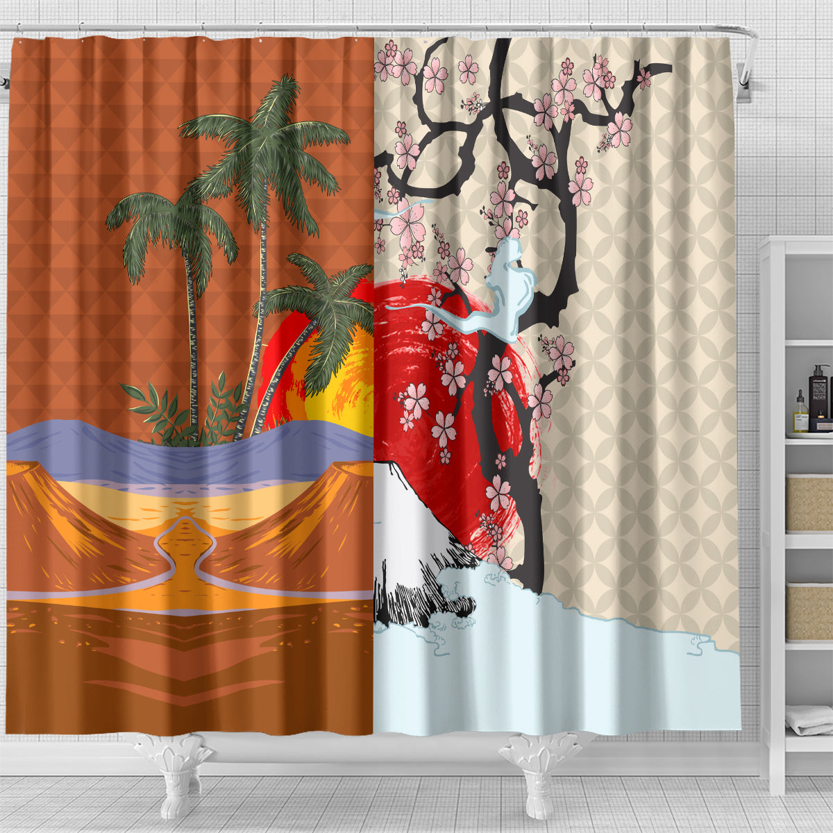 Japanese Culture Hawaii Style Shower Curtain Mauna Kea and Fuji Mountains LT03 - Polynesian Pride