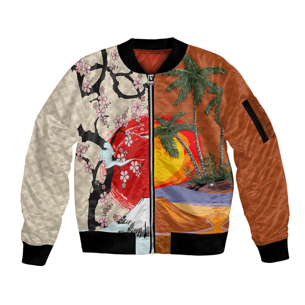 Japanese Culture Hawaii Style Sleeve Zip Bomber Jacket Mauna Kea and Fuji Mountains LT03 Unisex Brown - Polynesian Pride