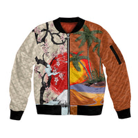 Japanese Culture Hawaii Style Sleeve Zip Bomber Jacket Mauna Kea and Fuji Mountains LT03 Unisex Brown - Polynesian Pride