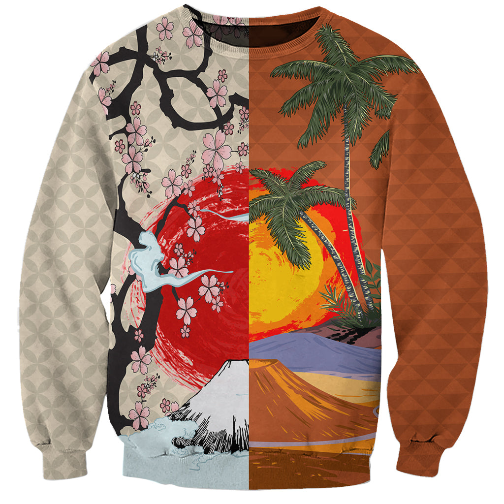Japanese Culture Hawaii Style Sweatshirt Mauna Kea and Fuji Mountains LT03 Unisex Brown - Polynesian Pride
