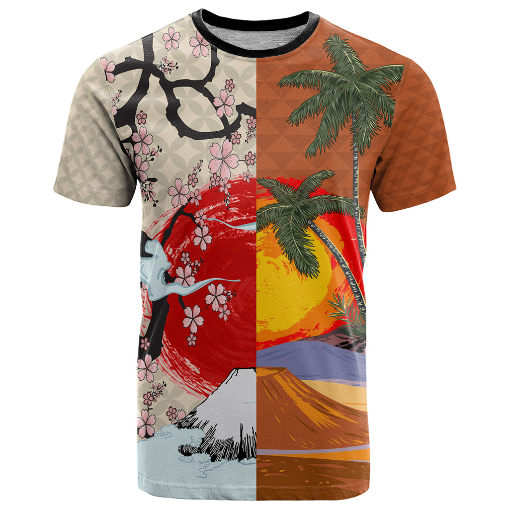 Japanese Culture Hawaii Style T Shirt Mauna Kea and Fuji Mountains LT03 Brown - Polynesian Pride
