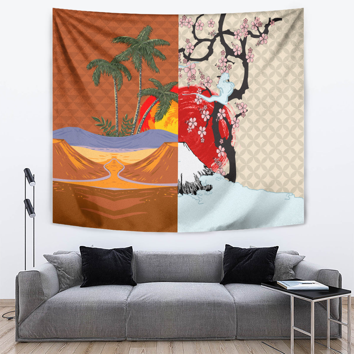Japanese Culture Hawaii Style Tapestry Mauna Kea and Fuji Mountains LT03 Brown - Polynesian Pride