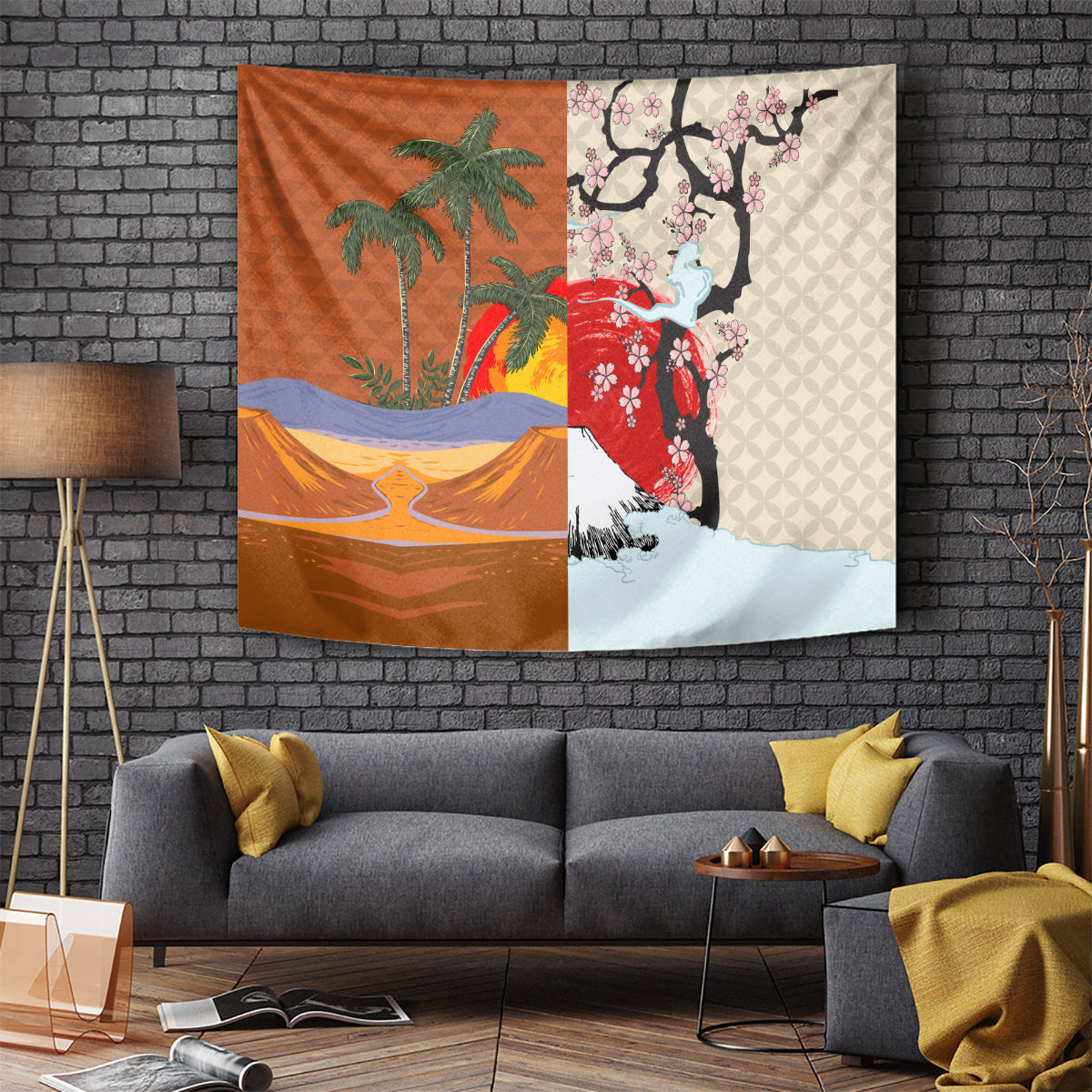 Japanese Culture Hawaii Style Tapestry Mauna Kea and Fuji Mountains LT03 - Polynesian Pride