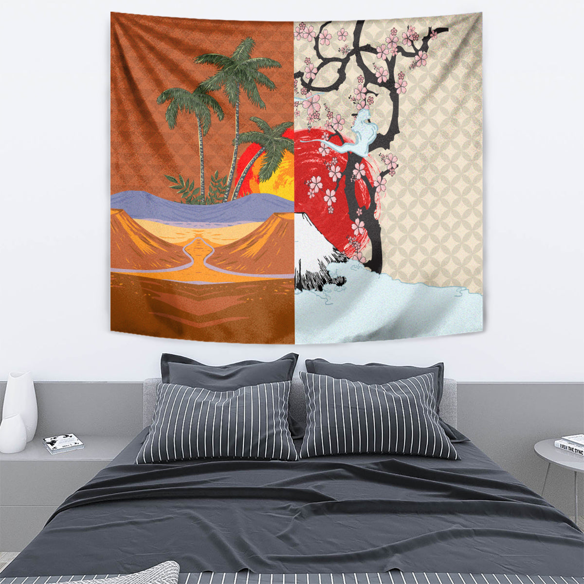 Japanese Culture Hawaii Style Tapestry Mauna Kea and Fuji Mountains LT03 - Polynesian Pride