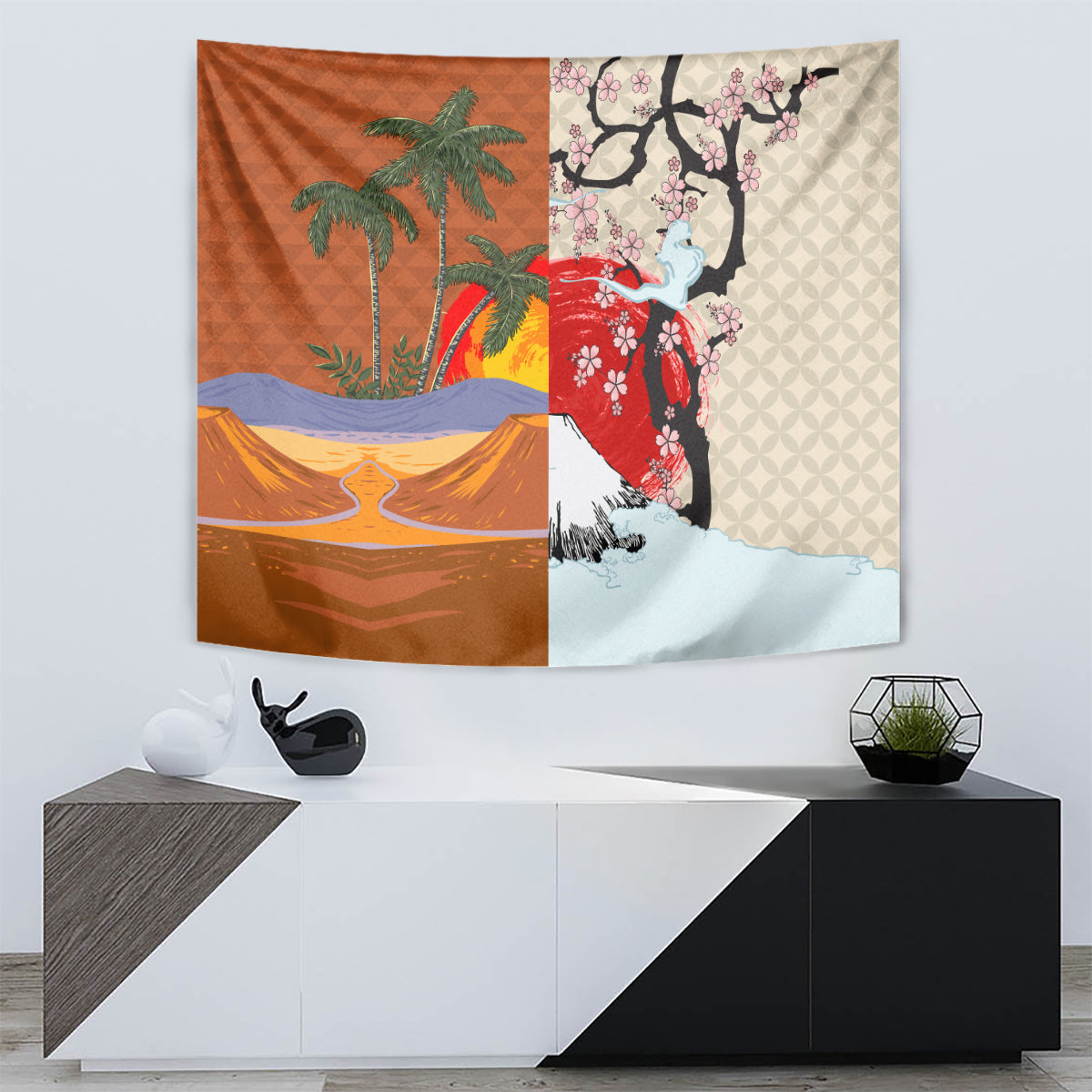 Japanese Culture Hawaii Style Tapestry Mauna Kea and Fuji Mountains LT03 - Polynesian Pride