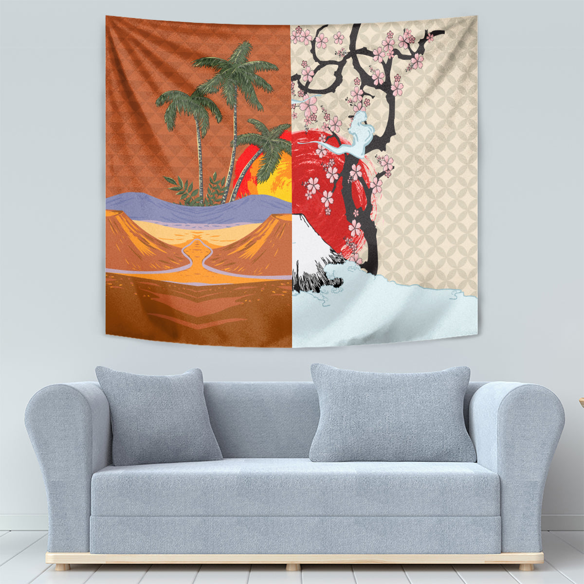 Japanese Culture Hawaii Style Tapestry Mauna Kea and Fuji Mountains LT03 - Polynesian Pride