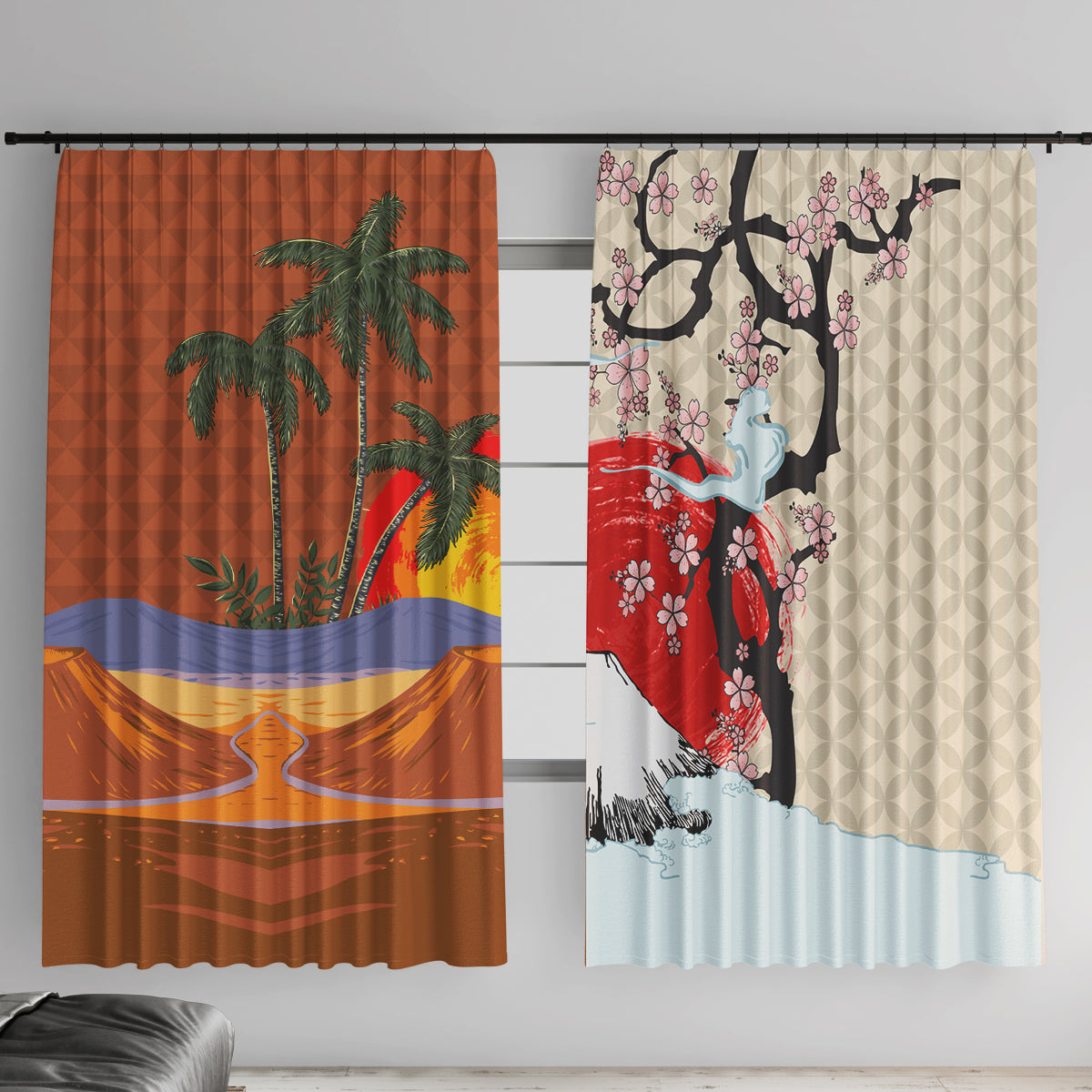 Japanese Culture Hawaii Style Window Curtain Mauna Kea and Fuji Mountains LT03 With Hooks Brown - Polynesian Pride