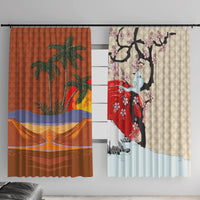 Japanese Culture Hawaii Style Window Curtain Mauna Kea and Fuji Mountains LT03 With Hooks Brown - Polynesian Pride