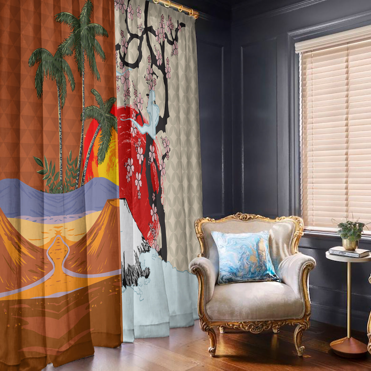 Japanese Culture Hawaii Style Window Curtain Mauna Kea and Fuji Mountains LT03 - Polynesian Pride