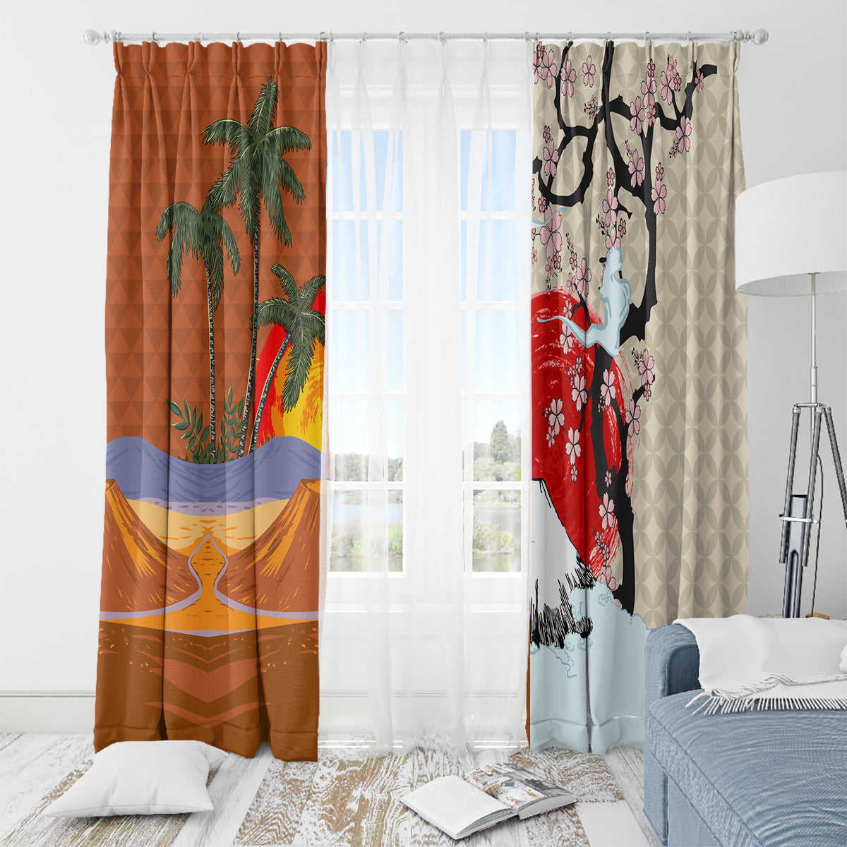 Japanese Culture Hawaii Style Window Curtain Mauna Kea and Fuji Mountains LT03 - Polynesian Pride