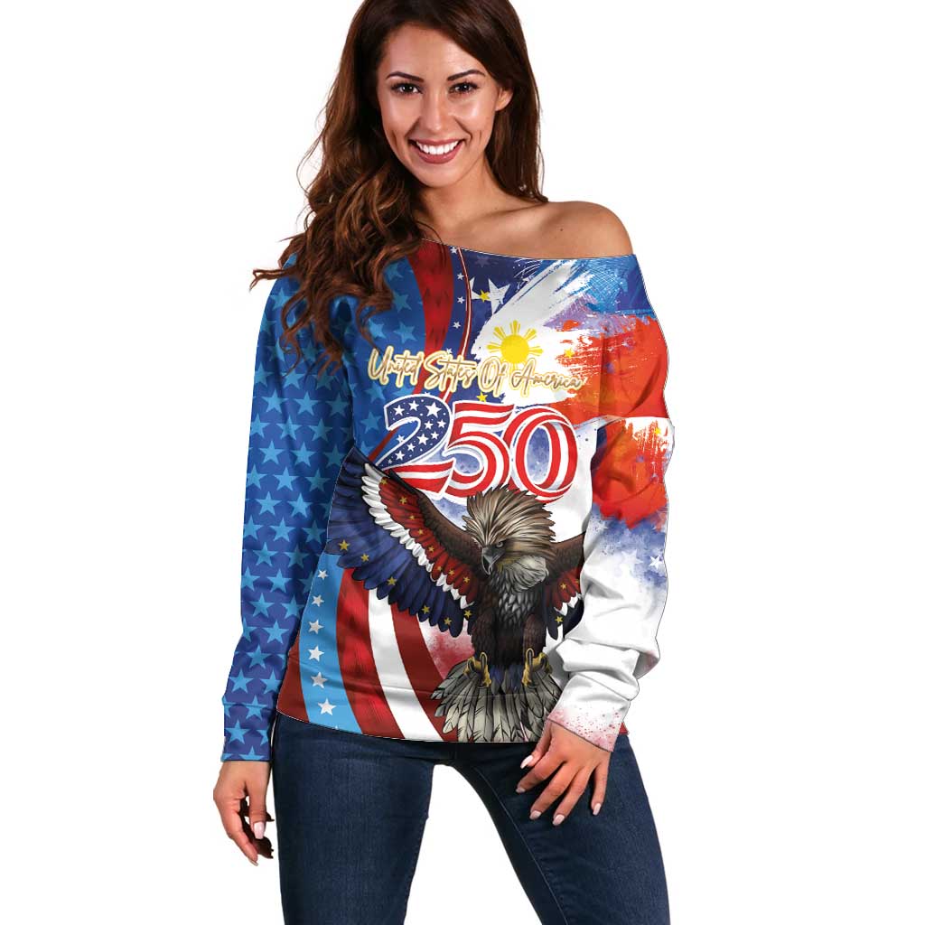 Philippines and United States Semiquincentennial Off Shoulder Sweater Eagle and National Flag Style LT03 Women Multicolor - Polynesian Pride