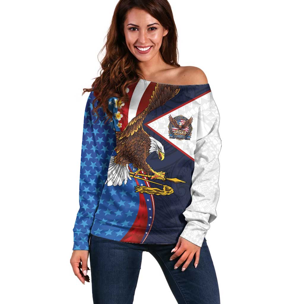American Samoa and United States Semiquincentennial Off Shoulder Sweater Bald Eagle with National Flag Style LT03 Women Multicolor - Polynesian Pride