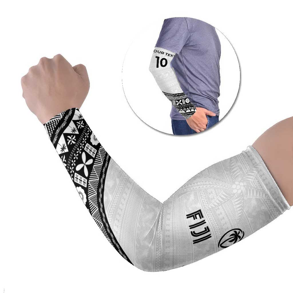 Custom Fijian Rugby Arm Sleeves Tapa Pattern and Palm Tree Tribal LT03 Set of 2 White - Polynesian Pride