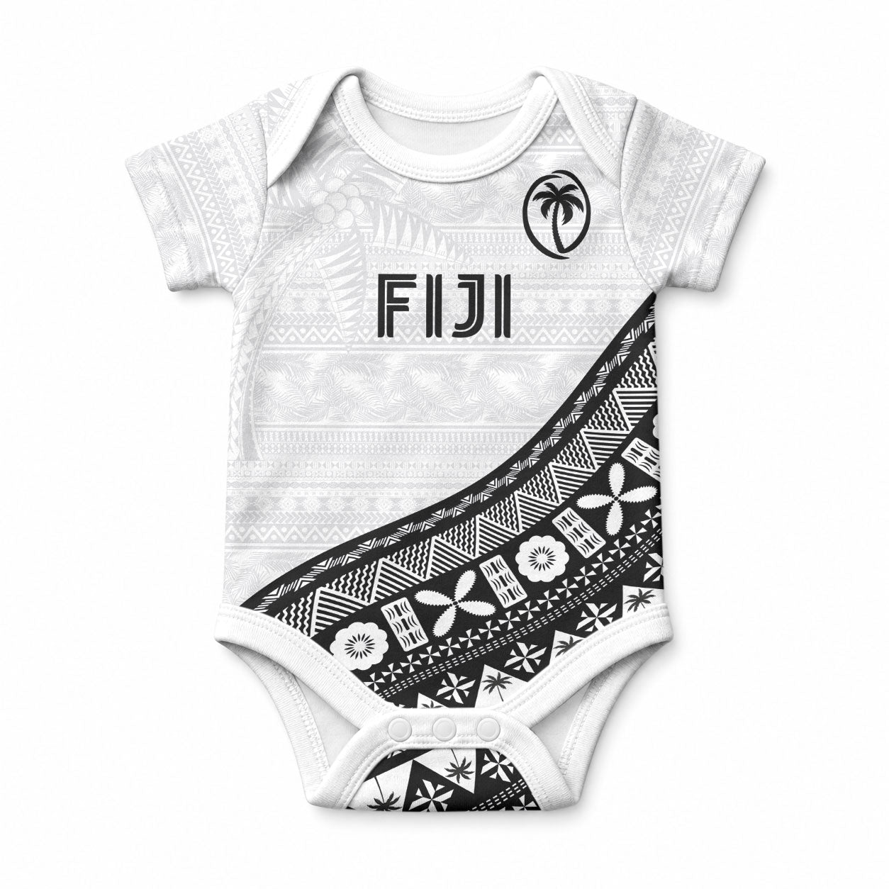 Custom Fijian Rugby Baby Onesie Tapa Pattern and Palm Tree Tribal LT03 White - Polynesian Pride