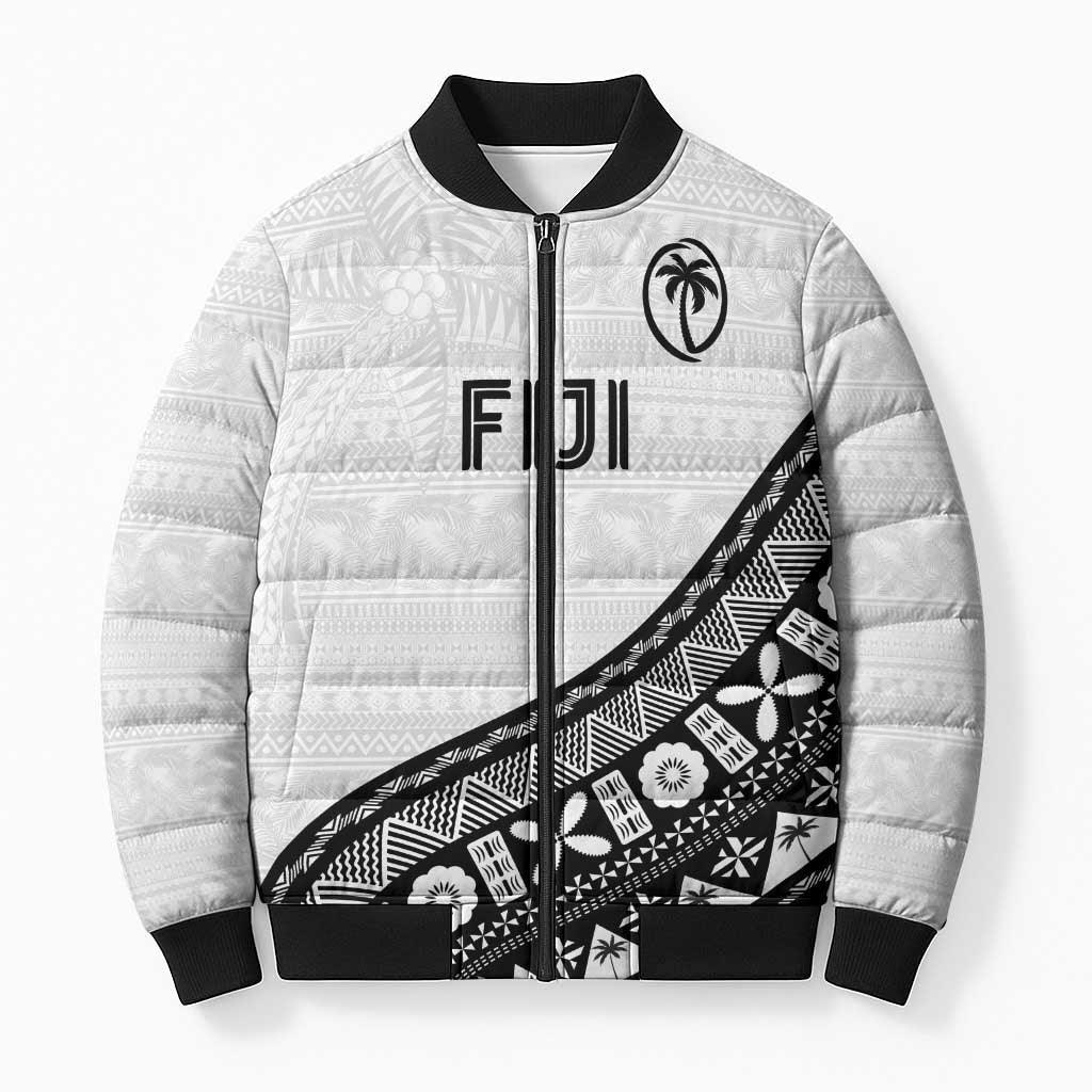 Custom Fijian Rugby Bomber Puffer Jacket Tapa Pattern and Palm Tree Tribal LT03 Unisex White - Polynesian Pride