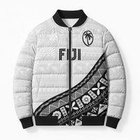 Custom Fijian Rugby Bomber Puffer Jacket Tapa Pattern and Palm Tree Tribal LT03 Unisex White - Polynesian Pride