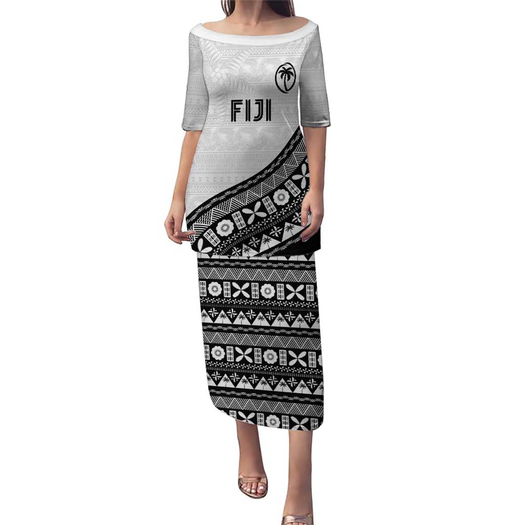 Custom Fijian Rugby Puletasi Tapa Pattern and Palm Tree Tribal LT03 Long Dress White - Polynesian Pride