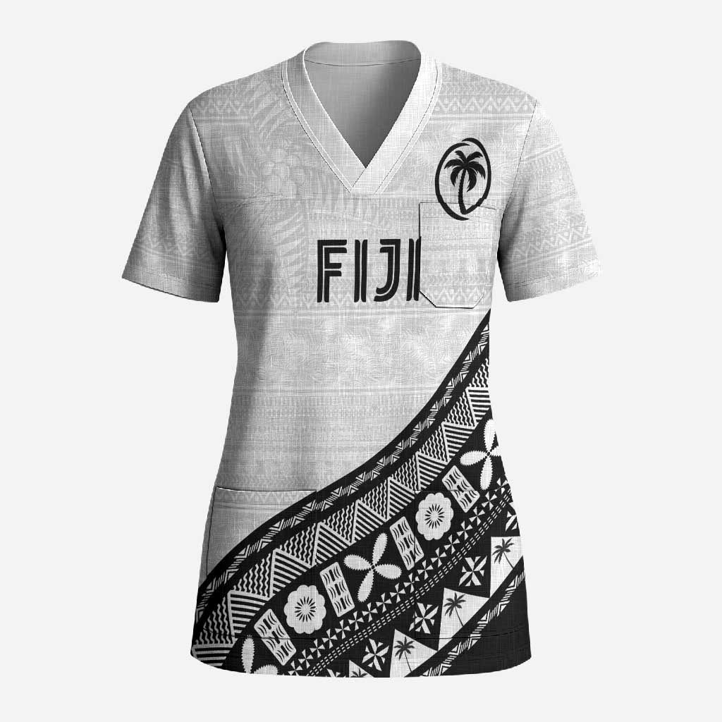 Custom Fijian Rugby Scrub Top Tapa Pattern and Palm Tree Tribal LT03 Adult White - Polynesian Pride