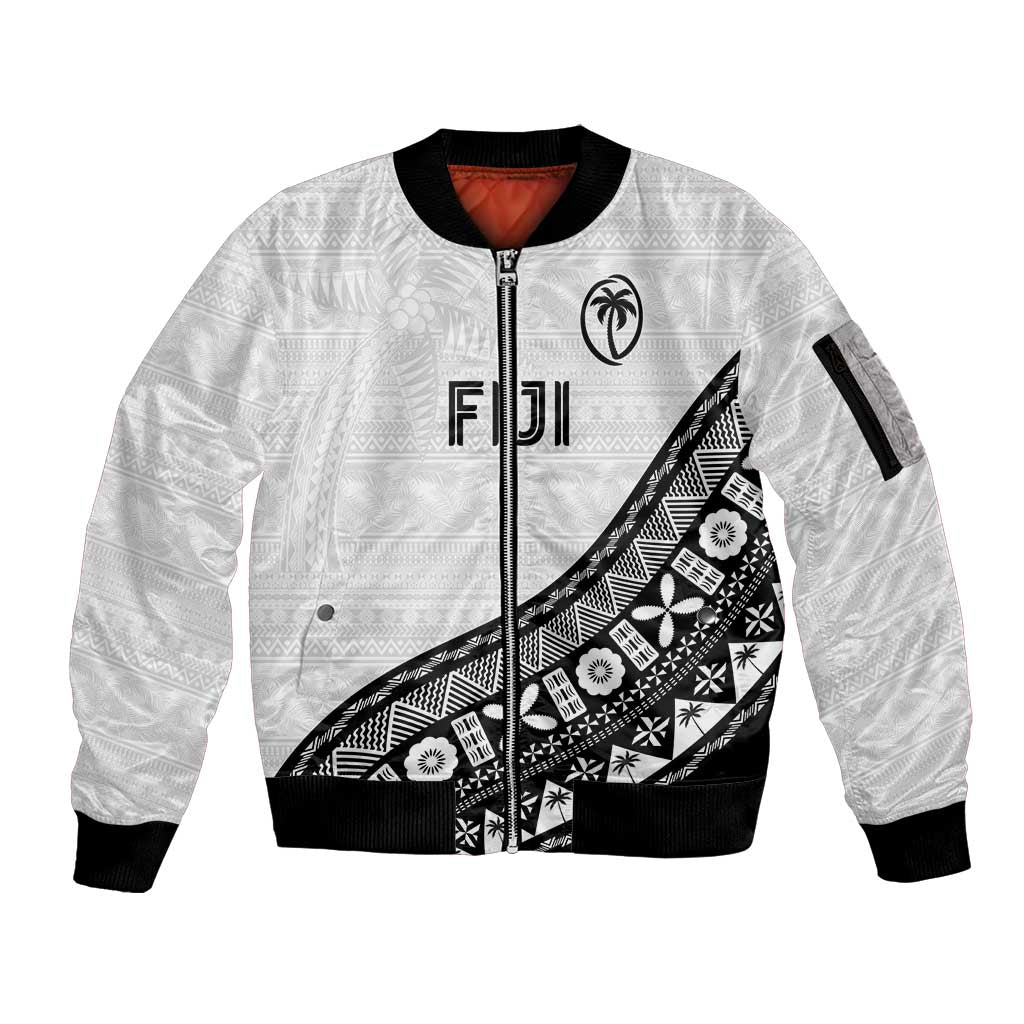 Custom Fijian Rugby Sleeve Zip Bomber Jacket Tapa Pattern and Palm Tree Tribal LT03 Unisex White - Polynesian Pride