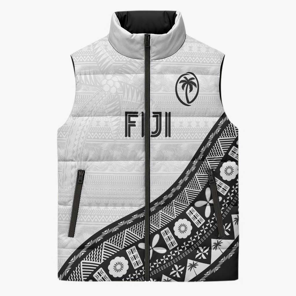 Custom Fijian Rugby Sleeveless Puffer Jacket Tapa Pattern and Palm Tree Tribal LT03 Unisex White - Polynesian Pride