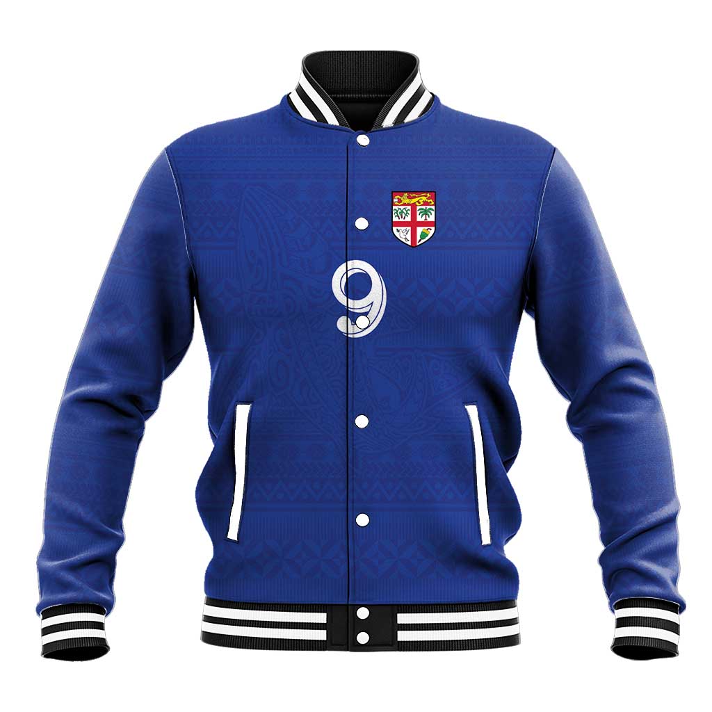 Custom Fijian Football Baseball Jacket Tapa Pattern and Shark Tribal LT03 Unisex Blue - Polynesian Pride