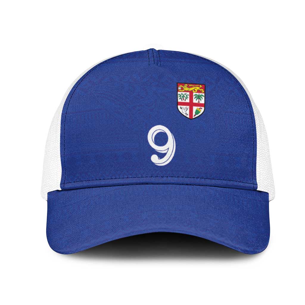 Custom Fijian Football Mesh Trucker Cap Tapa Pattern and Shark Tribal LT03 One Size White Blue - Polynesian Pride