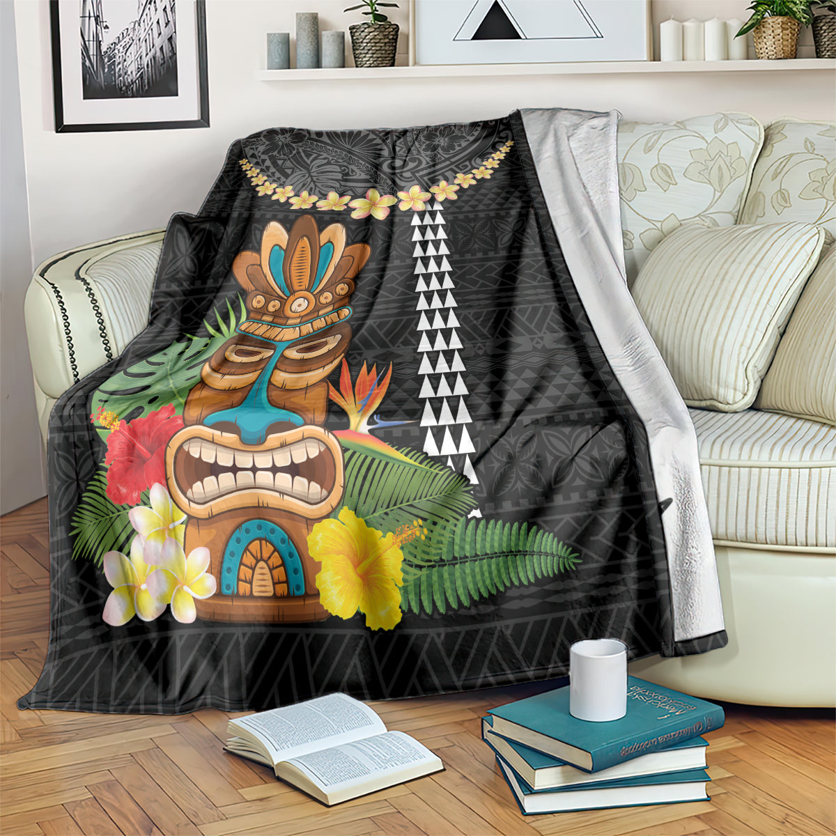 Hawaii Plumeria Lei Blanket Tiki and Kakau Pattern Black Color LT03 Black - Polynesian Pride