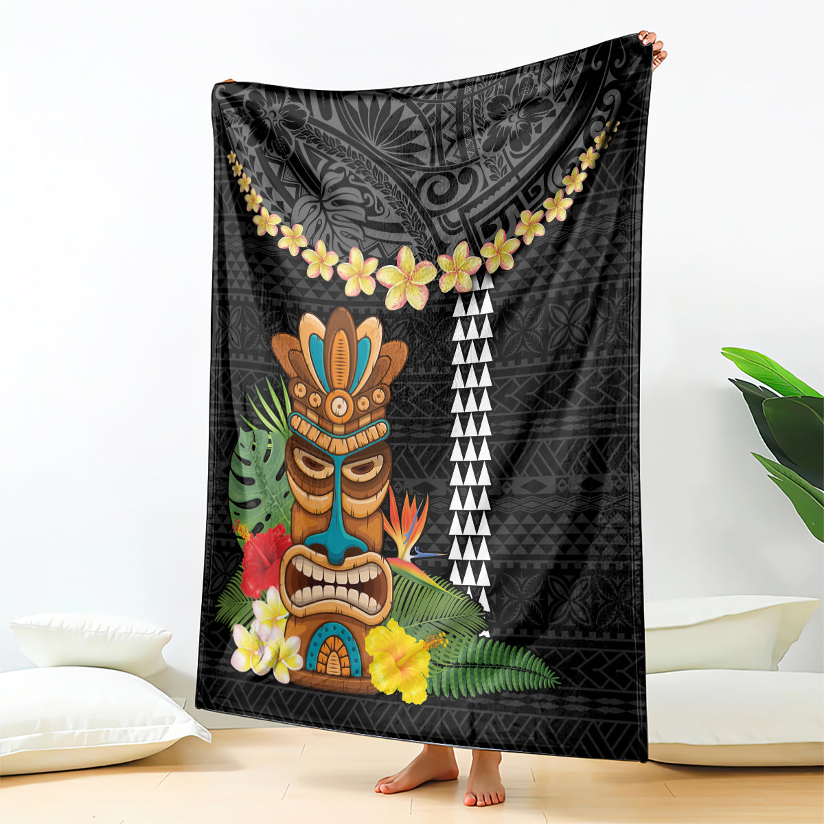 Hawaii Plumeria Lei Blanket Tiki and Kakau Pattern Black Color LT03 - Polynesian Pride