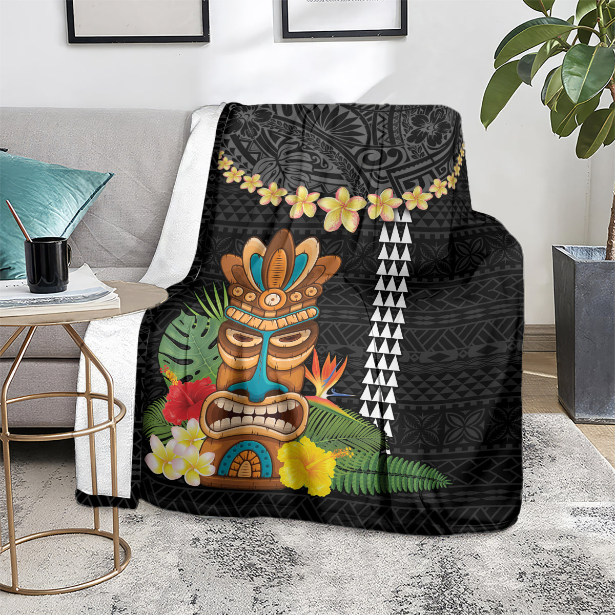 Hawaii Plumeria Lei Blanket Tiki and Kakau Pattern Black Color LT03 - Polynesian Pride