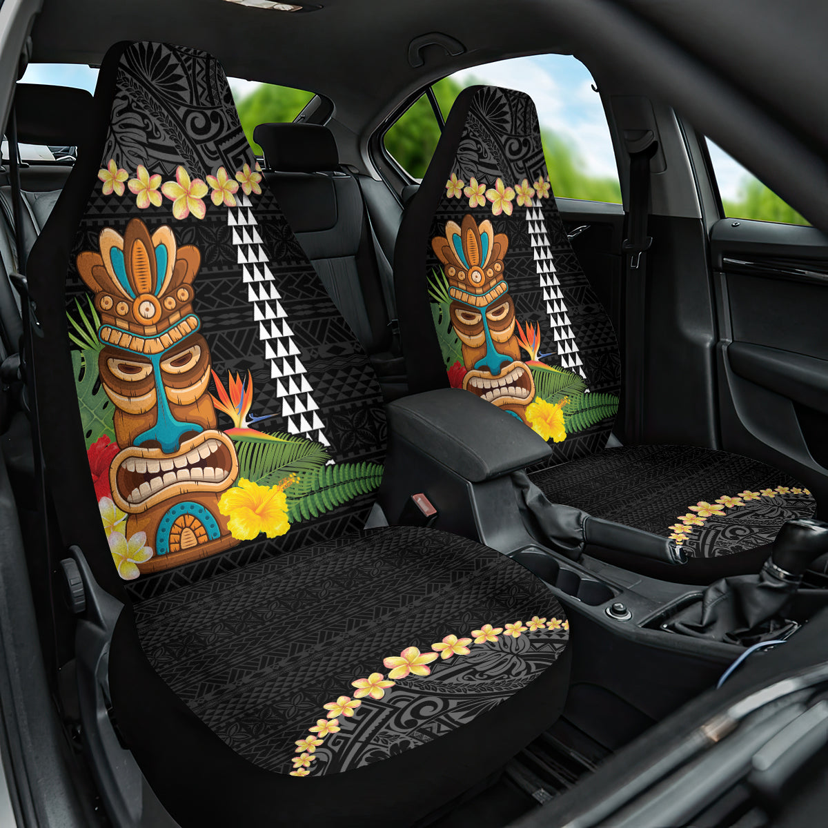Hawaii Plumeria Lei Car Seat Cover Tiki and Kakau Pattern Black Color LT03 One Size Black - Polynesian Pride
