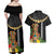 Hawaii Plumeria Lei Couples Matching Off Shoulder Maxi Dress and Hawaiian Shirt Tiki and Kakau Pattern Black Color