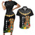 Hawaii Plumeria Lei Couples Matching Short Sleeve Bodycon Dress and Hawaiian Shirt Tiki and Kakau Pattern Black Color