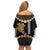 Hawaii Plumeria Lei Family Matching Off Shoulder Short Dress and Hawaiian Shirt Tiki and Kakau Pattern Black Color