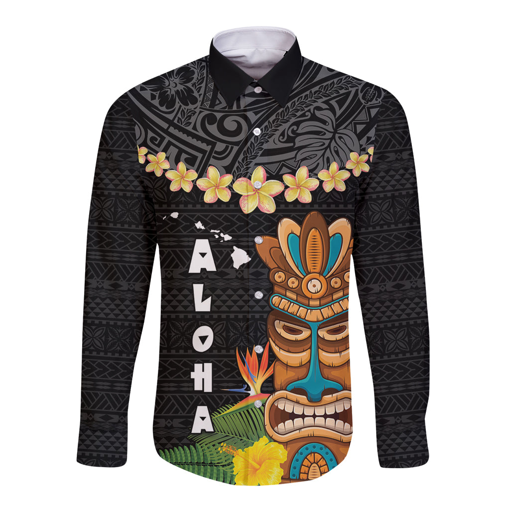 Hawaii Plumeria Lei Long Sleeve Button Shirt Tiki and Kakau Pattern Black Color LT03 Unisex Black - Polynesian Pride