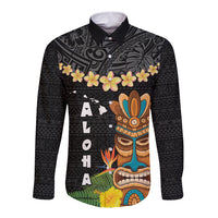 Hawaii Plumeria Lei Long Sleeve Button Shirt Tiki and Kakau Pattern Black Color LT03 Unisex Black - Polynesian Pride