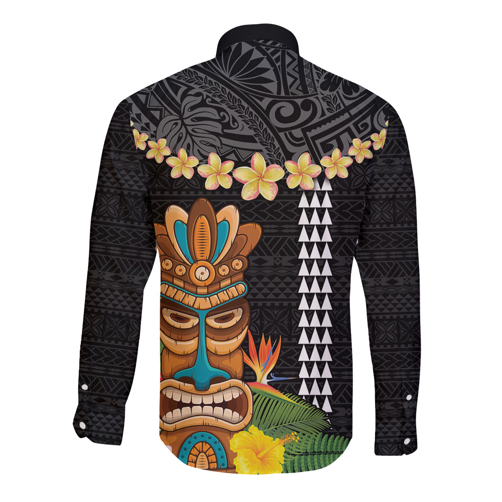 Hawaii Plumeria Lei Long Sleeve Button Shirt Tiki and Kakau Pattern Black Color LT03 - Polynesian Pride