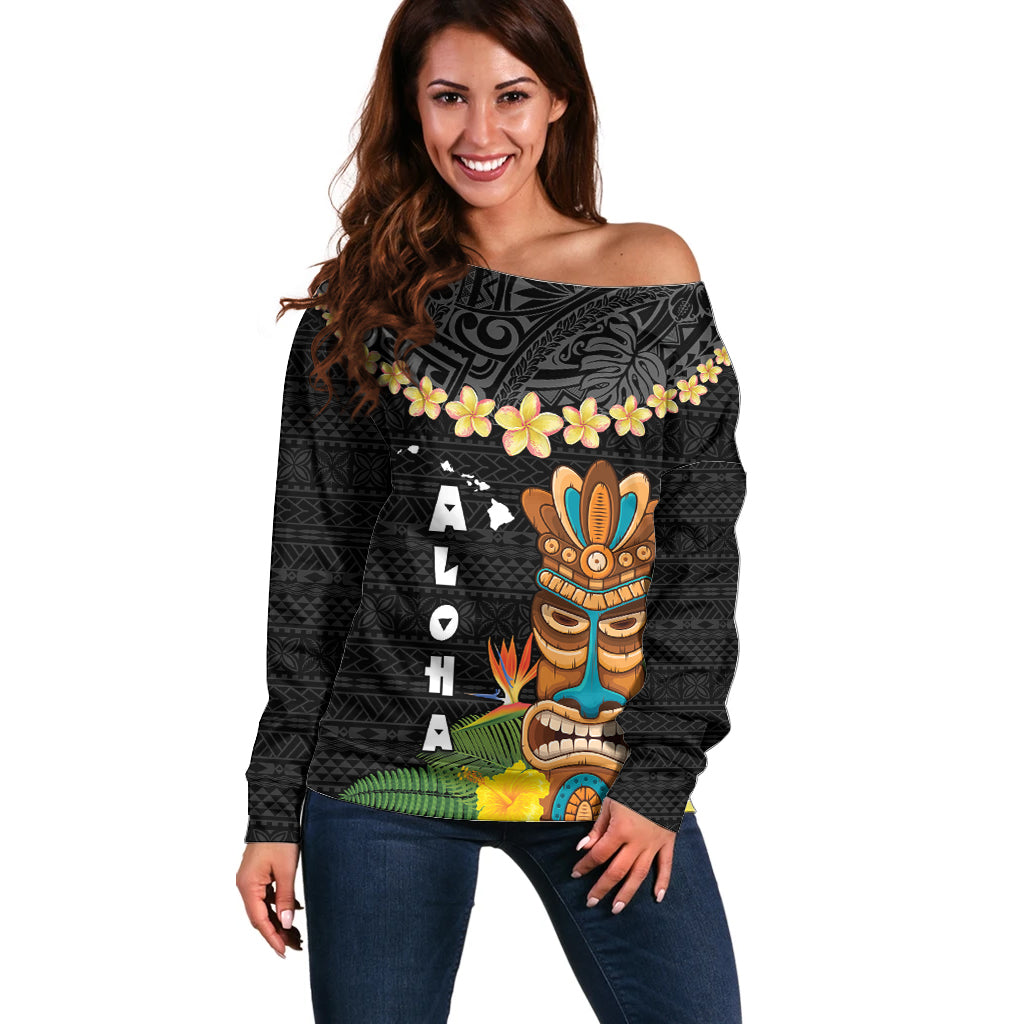 Hawaii Plumeria Lei Off Shoulder Sweater Tiki and Kakau Pattern Black Color LT03 Women Black - Polynesian Pride