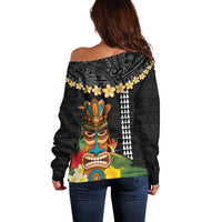 Hawaii Plumeria Lei Off Shoulder Sweater Tiki and Kakau Pattern Black Color LT03 - Polynesian Pride