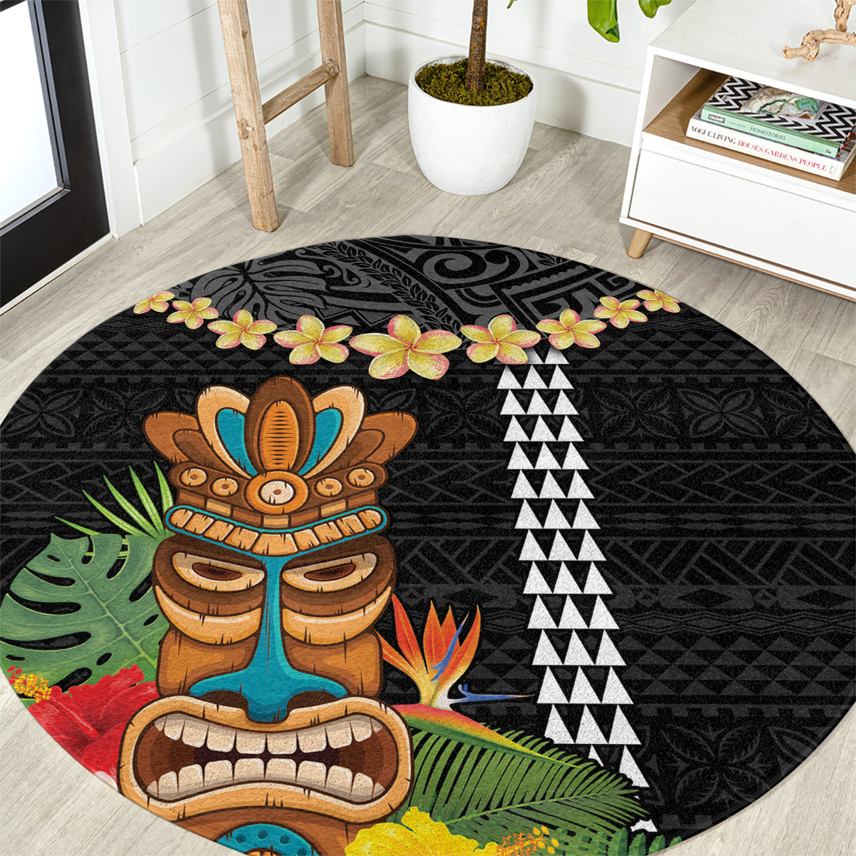 Hawaii Plumeria Lei Round Carpet Tiki and Kakau Pattern Black Color LT03 Black - Polynesian Pride